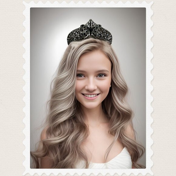Boho Bow Ribbon Style Tiara, Gothic Black Onyx Rhinestone Crown, Hair Jewelry - Picture 1 of 6